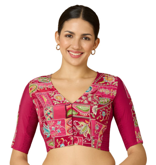 Studio Shringaar Women's Pink Pure Viscose Crepe Embroidered Stretchable (Smocked) Saree Blouse (Design 2908)