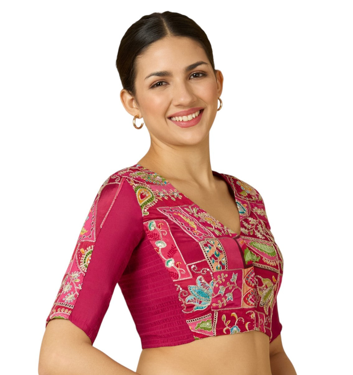 Studio Shringaar Women's Pink Pure Viscose Crepe Embroidered Stretchable (Smocked) Saree Blouse (Design 2908)