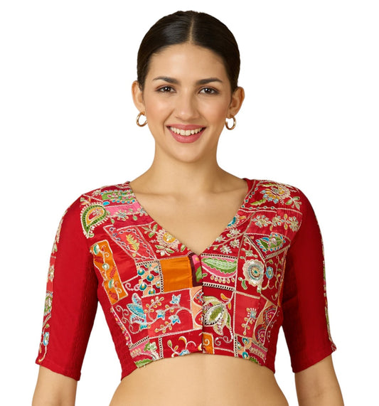 Studio Shringaar Women's Red Pure Viscose Crepe Embroidered Stretchable (Smocked) Saree Blouse (Design 2908)