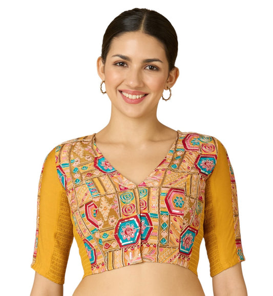 Studio Shringaar Women's Yellow Pure Viscose Crepe Embroidered Stretchable (Smocked) Saree Blouse (Design 2908)