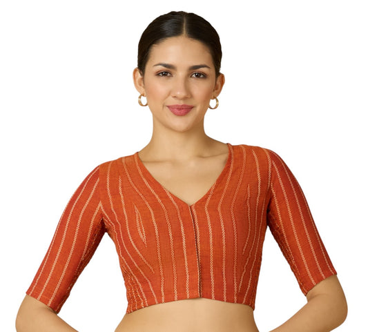 Studio Shringaar Women's Orange Handloom Cotton Side Stretchable (Smocked) Readymade Saree Blouse (Design 2909)