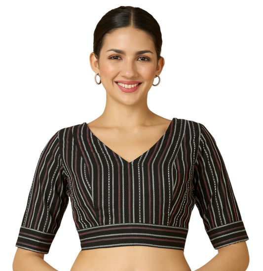 Women's Black Handloom Cotton Striped Readymade Saree Blouse  (Design 2910)