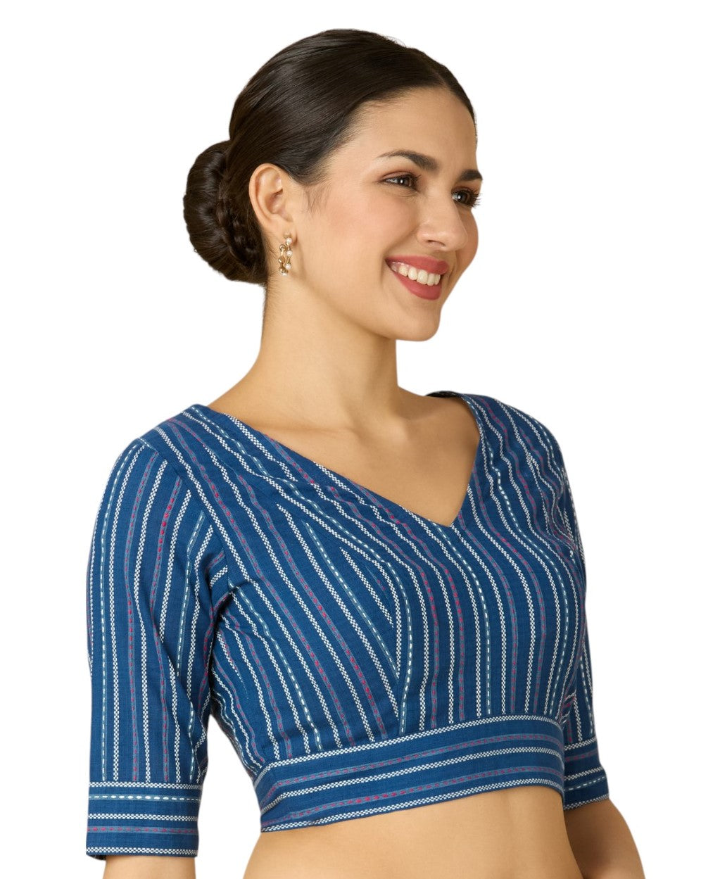 Women's Blue Handloom Cotton Striped Readymade Saree Blouse  (Design 2910)