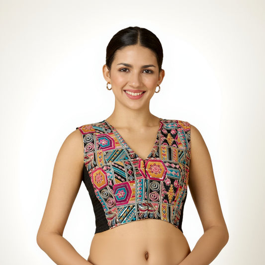 Women's Black Viscose Crepe Print & Embroidered Stretchable (Smocked) Sleeveless Saree Blouse (Design 2911)