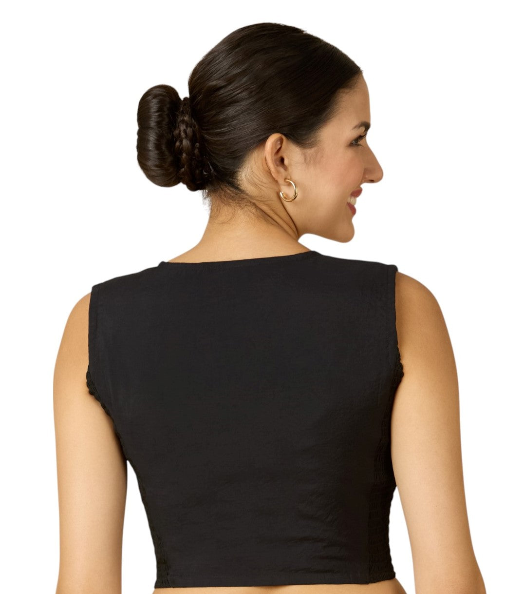 Women's Black Viscose Crepe Print & Embroidered Stretchable (Smocked) Sleeveless Saree Blouse (Design 2911)