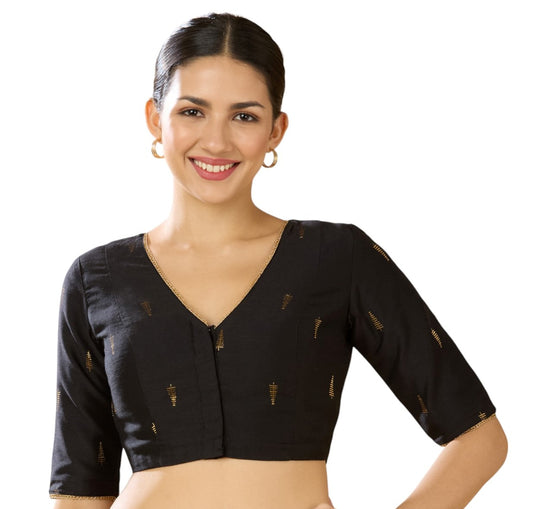 Studio Shringaar Women's Black Handloom Cotton Silk Readymade Saree Blouse (Design 2912)