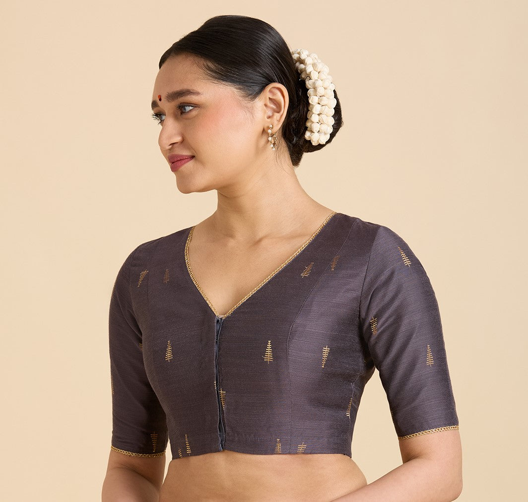 Studio Shringaar Women's Grey Handloom Cotton Silk Readymade Saree Blouse (Design 2912)