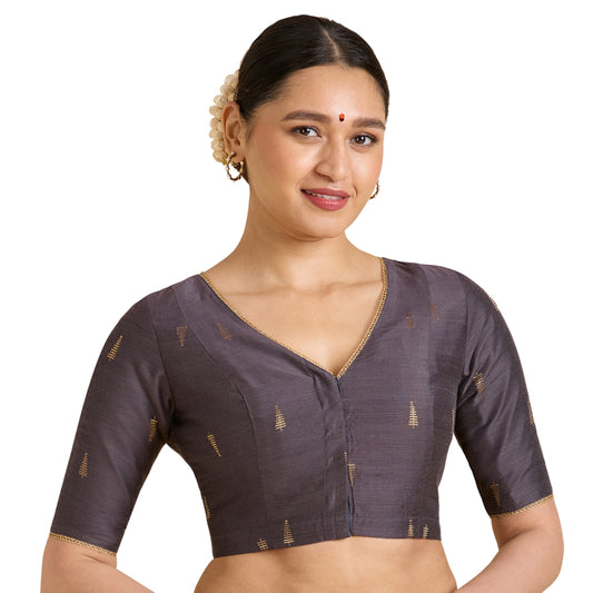 Studio Shringaar Women's Grey Handloom Cotton Silk Readymade Saree Blouse (Design 2912)