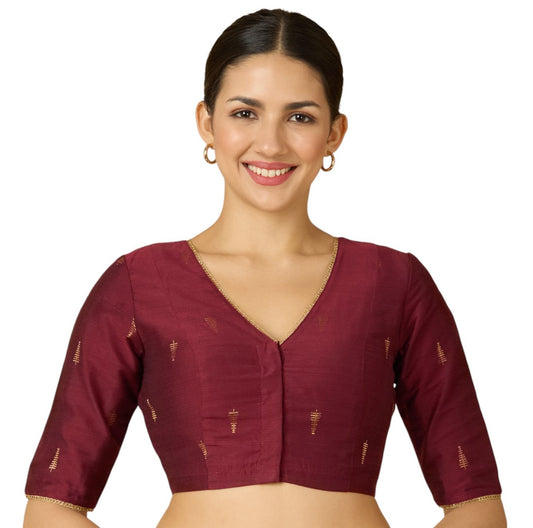 Studio Shringaar Women's Maroon Handloom Cotton Silk Readymade Saree Blouse (Design 2912)