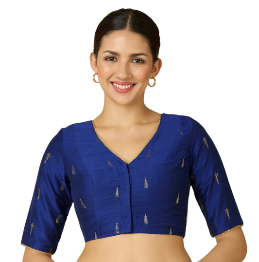 Studio Shringaar Women's Navy Blue Handloom Cotton Silk Readymade Saree Blouse (Design 2912)