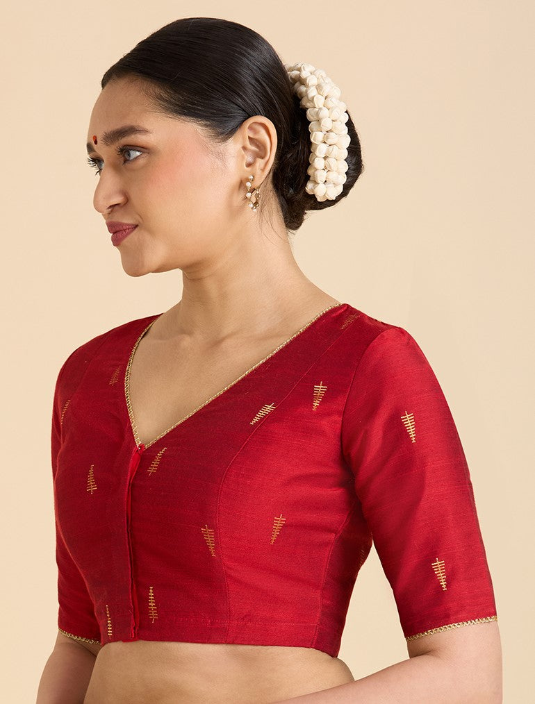 Studio Shringaar Women's Red Handloom Cotton Silk Readymade Saree Blouse (Design 2912)