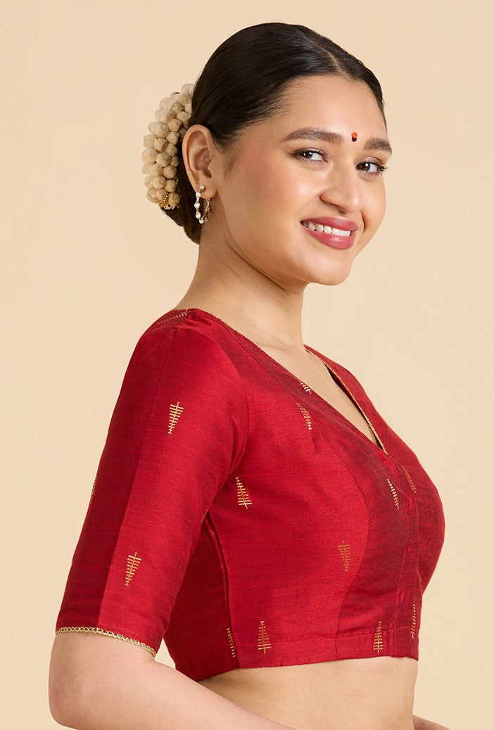 Studio Shringaar Women's Red Handloom Cotton Silk Readymade Saree Blouse (Design 2912)