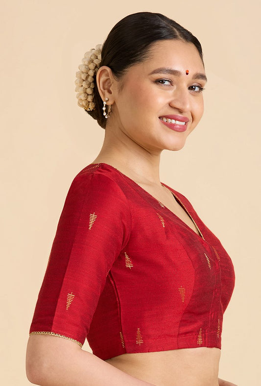 Studio Shringaar Women's Red Handloom Cotton Silk Readymade Saree Blouse (Design 2912)