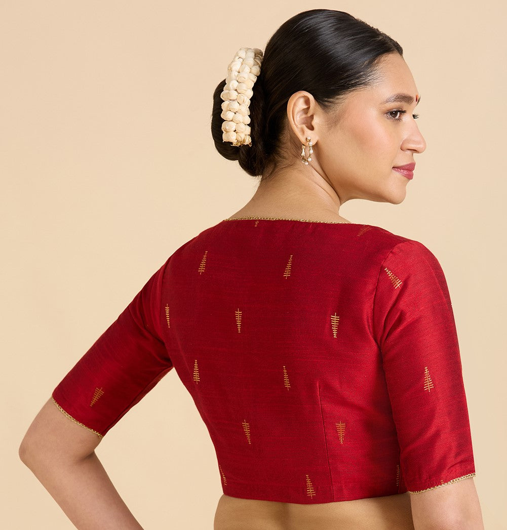 Studio Shringaar Women's Red Handloom Cotton Silk Readymade Saree Blouse (Design 2912)