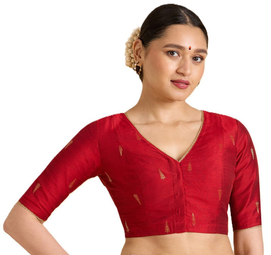 Studio Shringaar Women's Red Handloom Cotton Silk Readymade Saree Blouse (Design 2912)