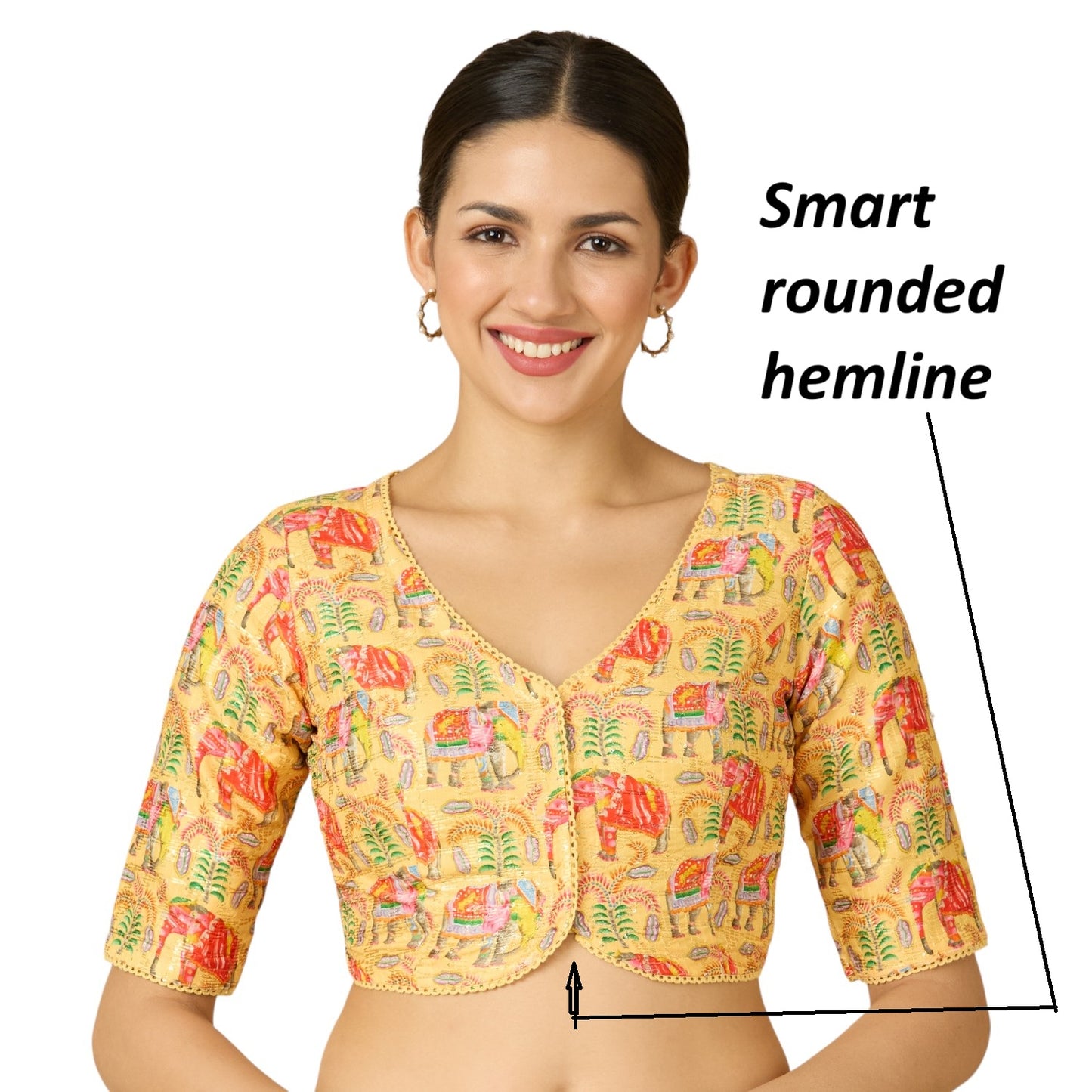 Women's Yellow Elephant Print & Embroidered Readymade Saree Blouse (Design 2913)