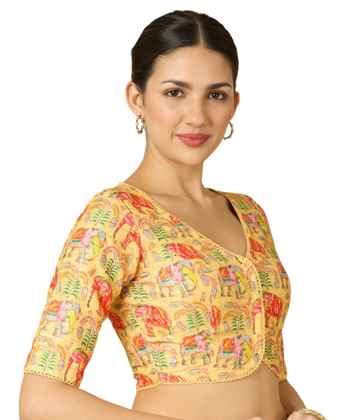 Women's Yellow Elephant Print & Embroidered Readymade Saree Blouse (Design 2913)