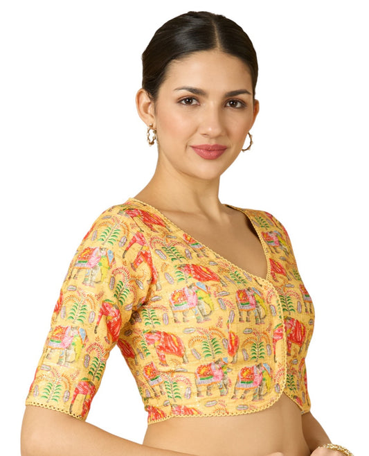 Women's Yellow Elephant Print & Embroidered Readymade Saree Blouse (Design 2913)