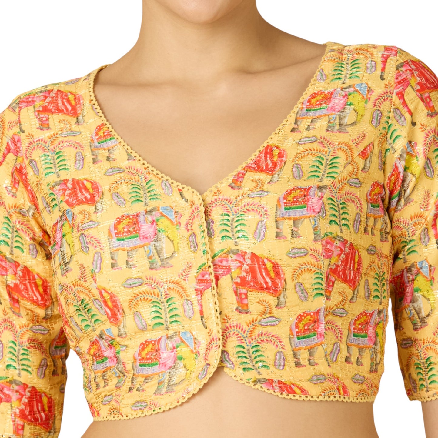 Women's Yellow Elephant Print & Embroidered Readymade Saree Blouse (Design 2913)