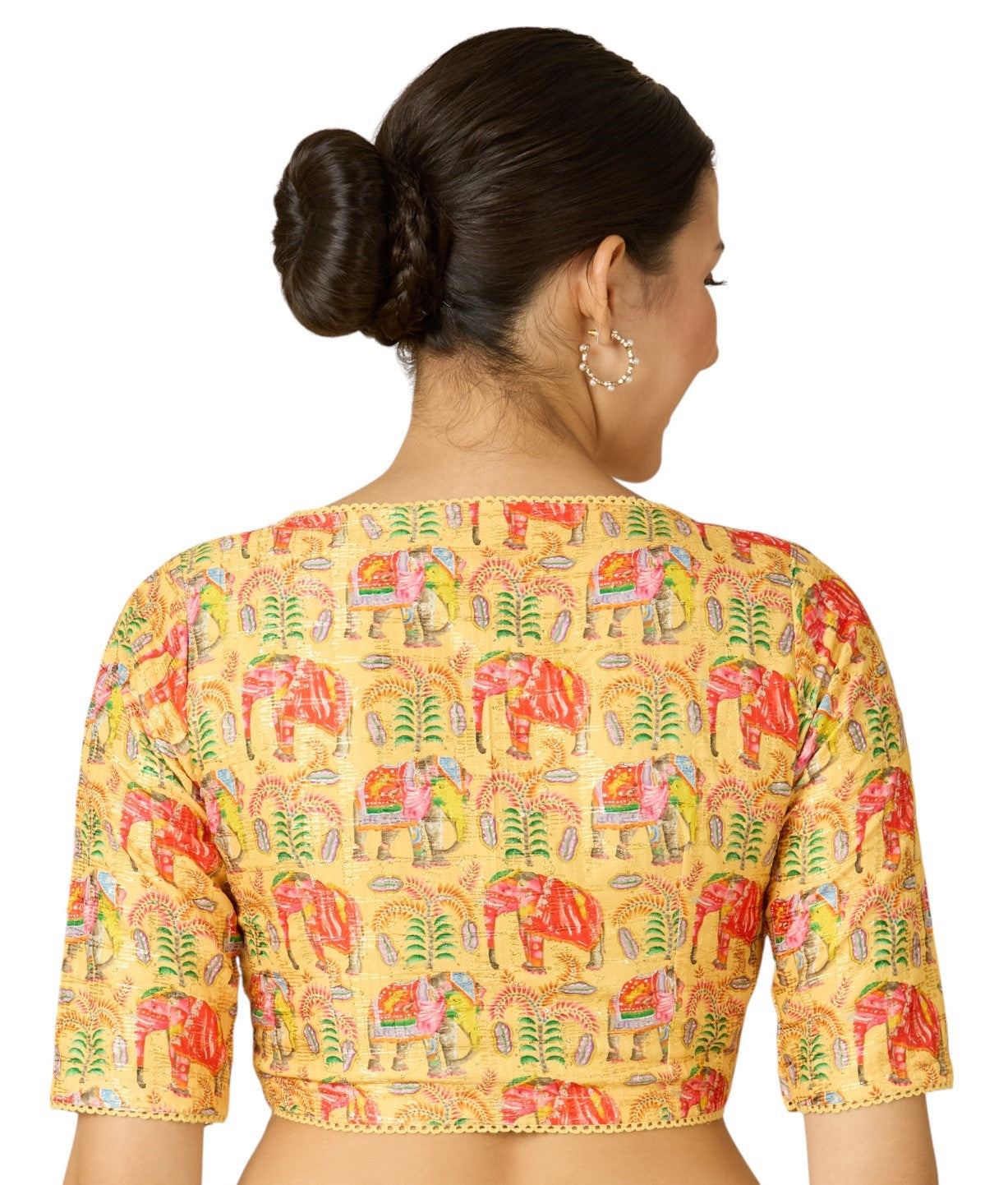 Women's Yellow Elephant Print & Embroidered Readymade Saree Blouse (Design 2913)