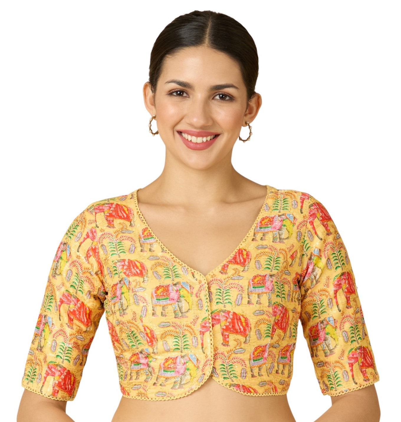 Women's Yellow Elephant Print & Embroidered Readymade Saree Blouse (Design 2913)