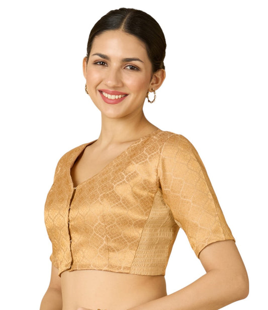 Women's Golden Brocade Side Stretch (Smocked) Readymade Saree Blouse (Design 2914)