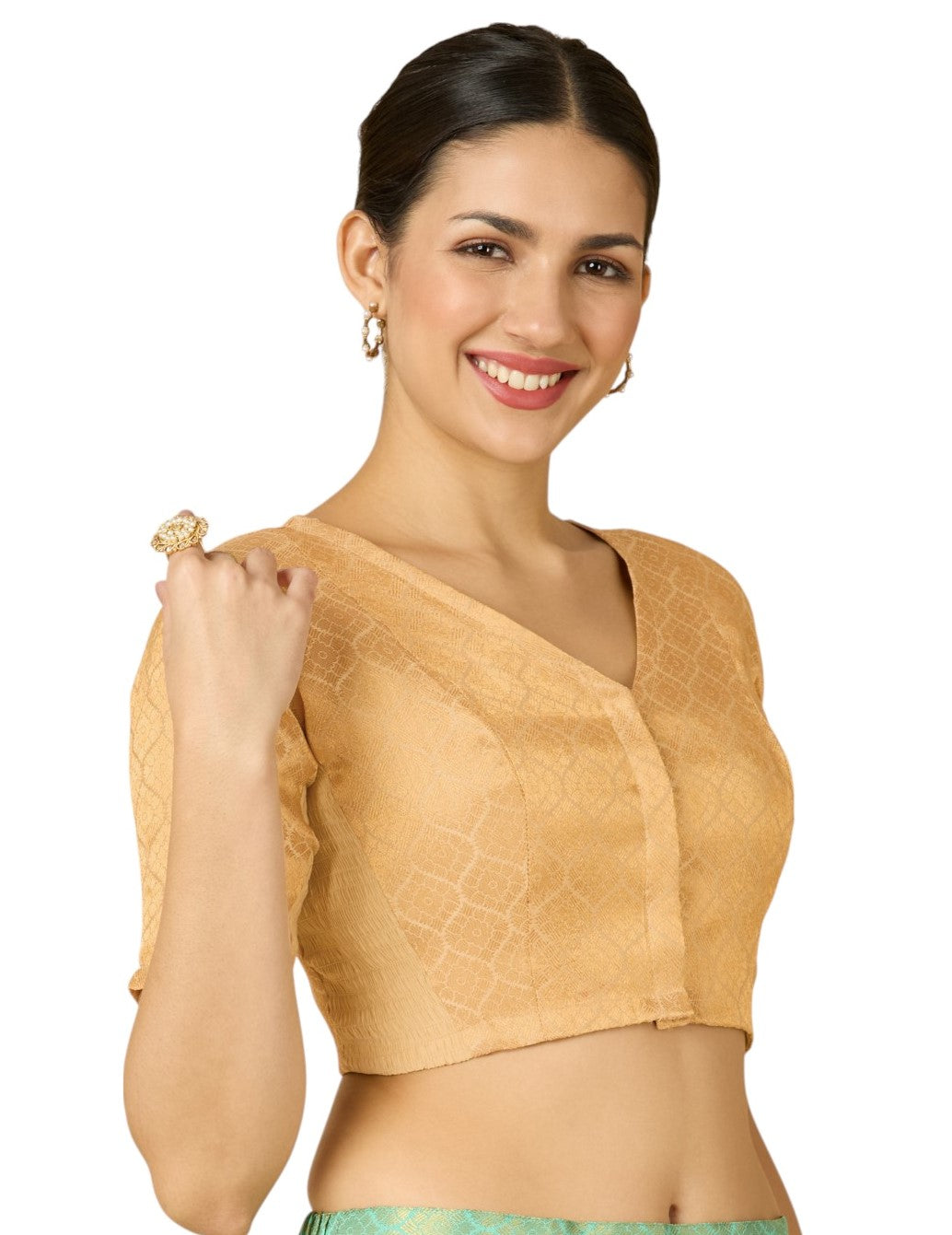 Women's Golden Brocade Side Stretch (Smocked) Readymade Saree Blouse (Design 2914)