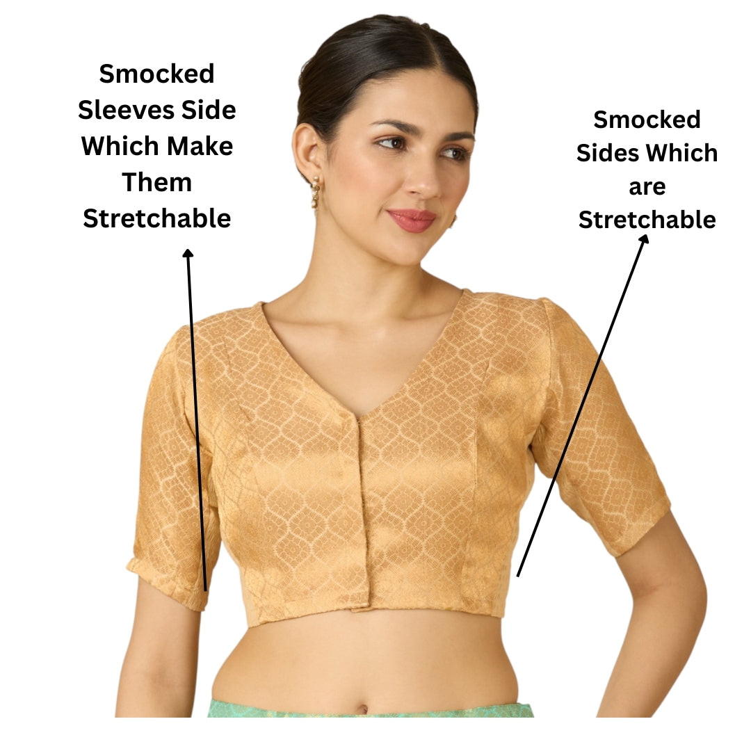 Women's Golden Brocade Side Stretch (Smocked) Readymade Saree Blouse (Design 2914)