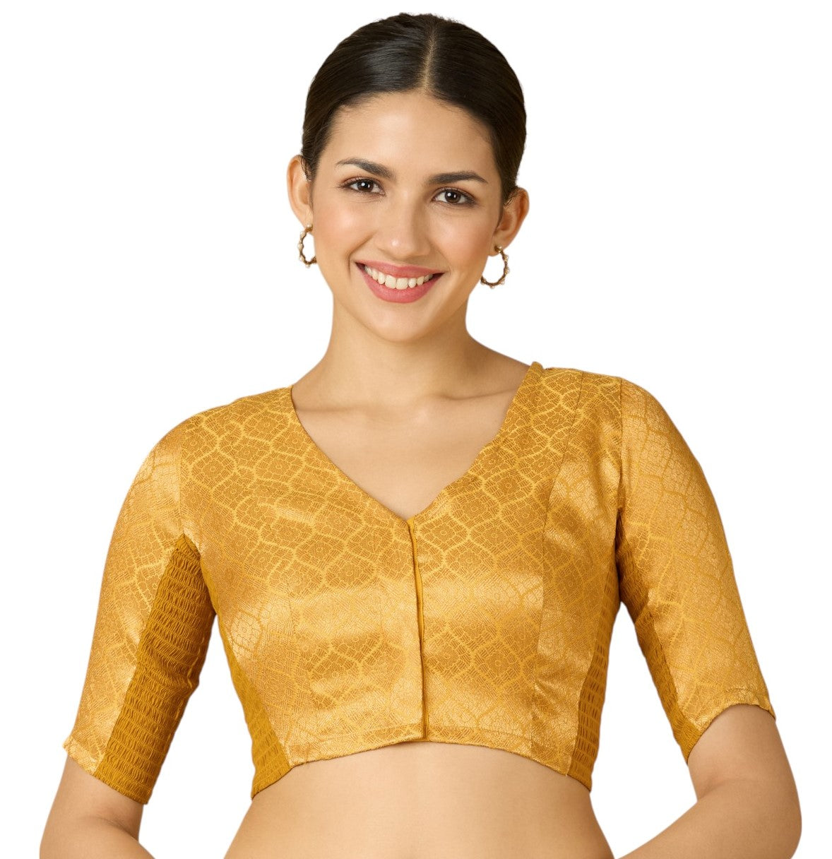 Women's Mustard Brocade Side Stretch (Smocked) Readymade Saree Blouse (Design 2914)