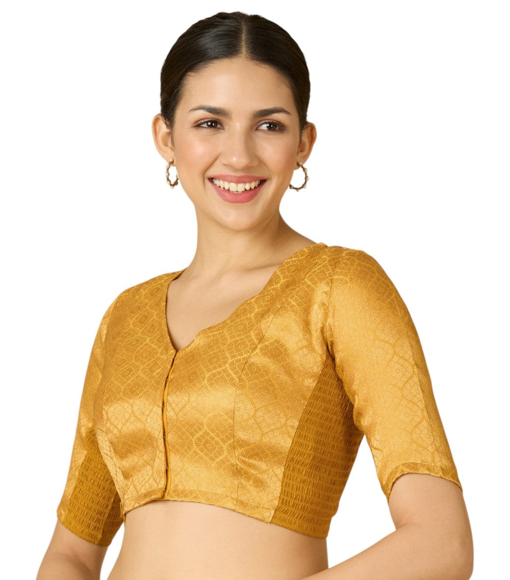 Women's Mustard Brocade Side Stretch (Smocked) Readymade Saree Blouse (Design 2914)