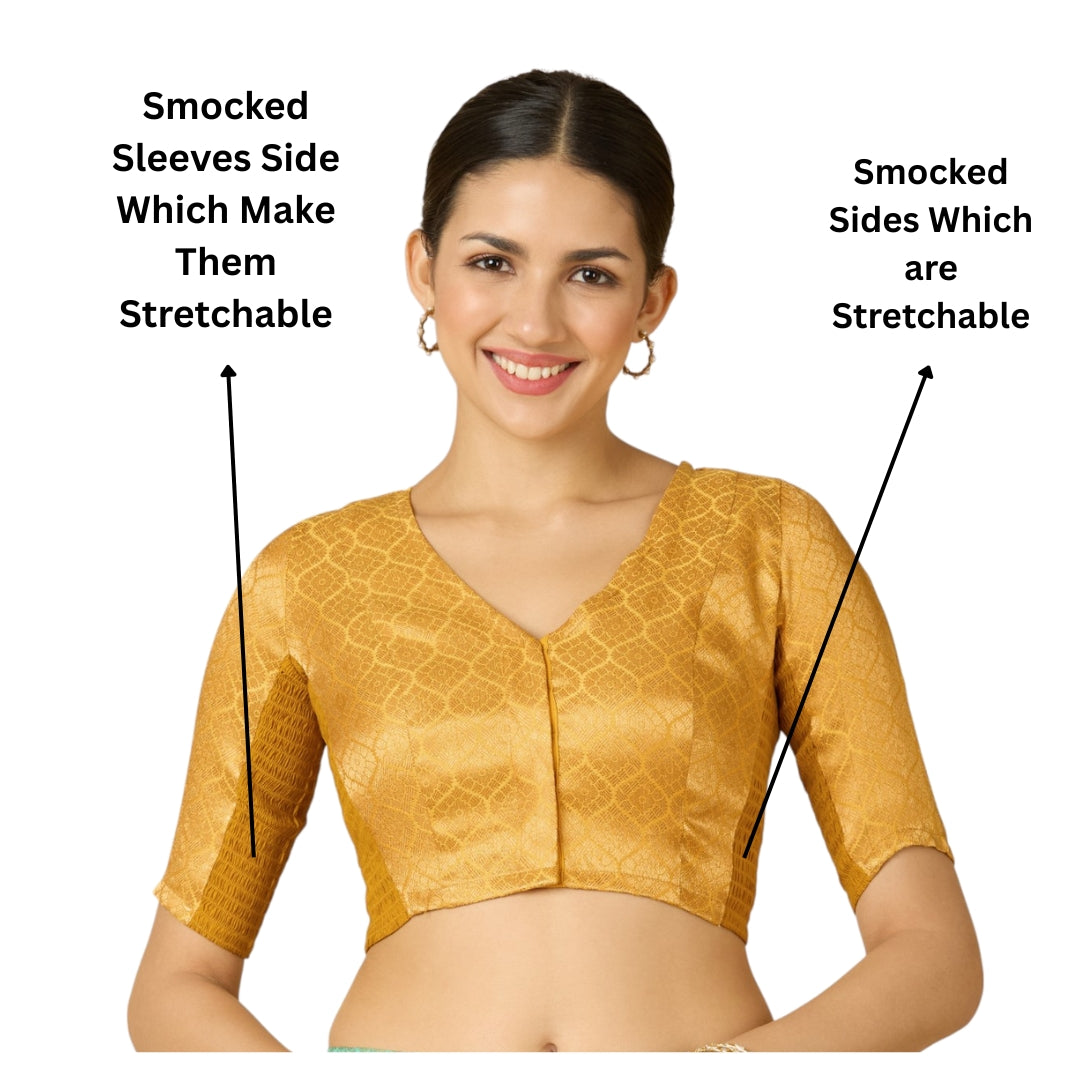 Women's Mustard Brocade Side Stretch (Smocked) Readymade Saree Blouse (Design 2914)