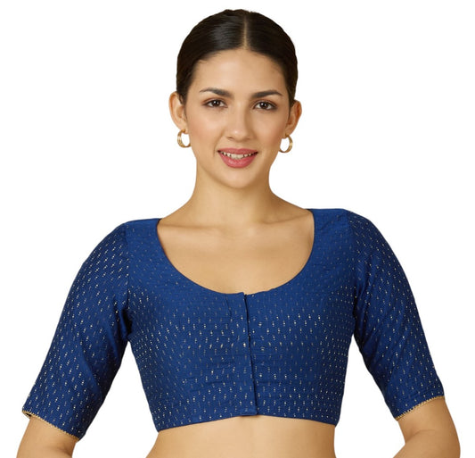 Studio Shringaar Women's Ink Blue Handloom Cotton Silk Readymade Saree Blouse (Design 2916)