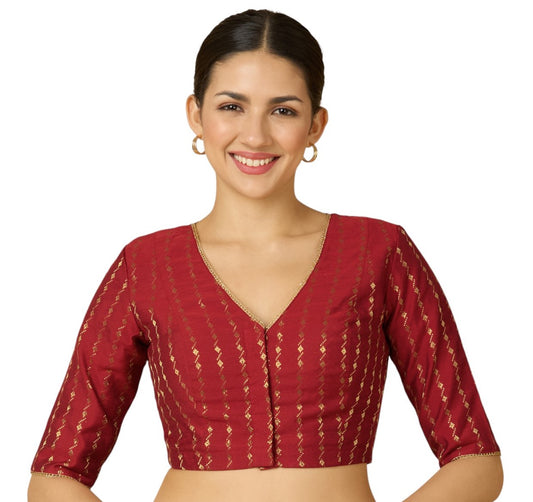 Studio Shringaar Women's RED Handloom Cotton Silk Readymade Saree Blouse (Design 2917)
