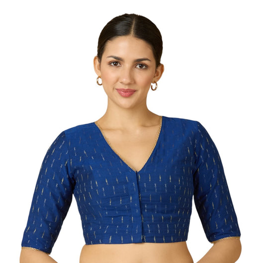 Studio Shringaar Women's Royal Blue Handloom Cotton Silk Saree Blouse with Golden & Silver Motifs (Design 2919)