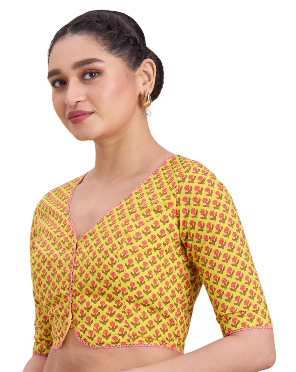 Women's Yellow Pure Cotton Block Printed Readymade Saree Blouse (Design 2922)