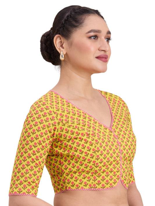 Women's Yellow Pure Cotton Block Printed Readymade Saree Blouse (Design 2922)