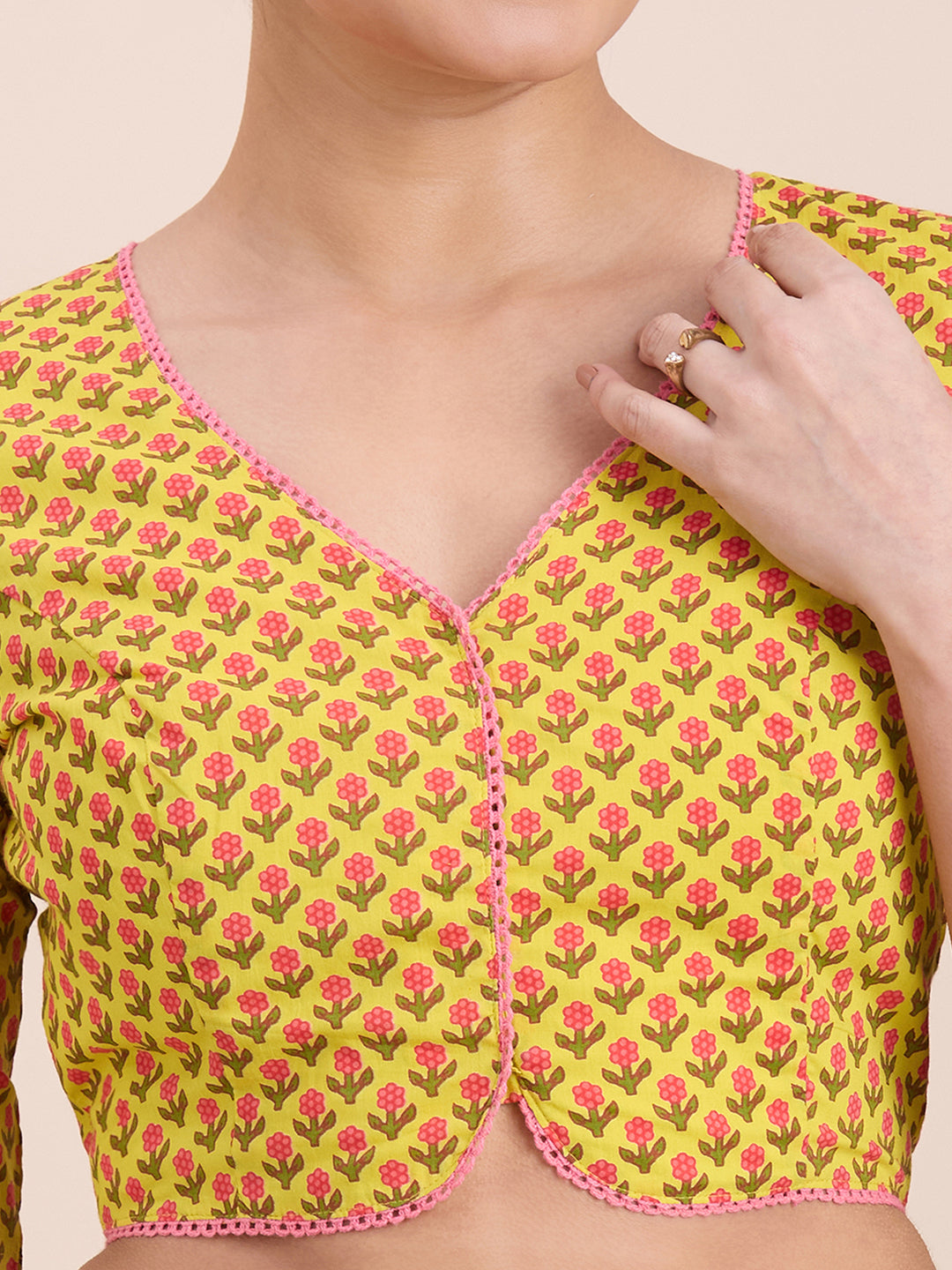 Women's Yellow Pure Cotton Block Printed Readymade Saree Blouse (Design 2922)