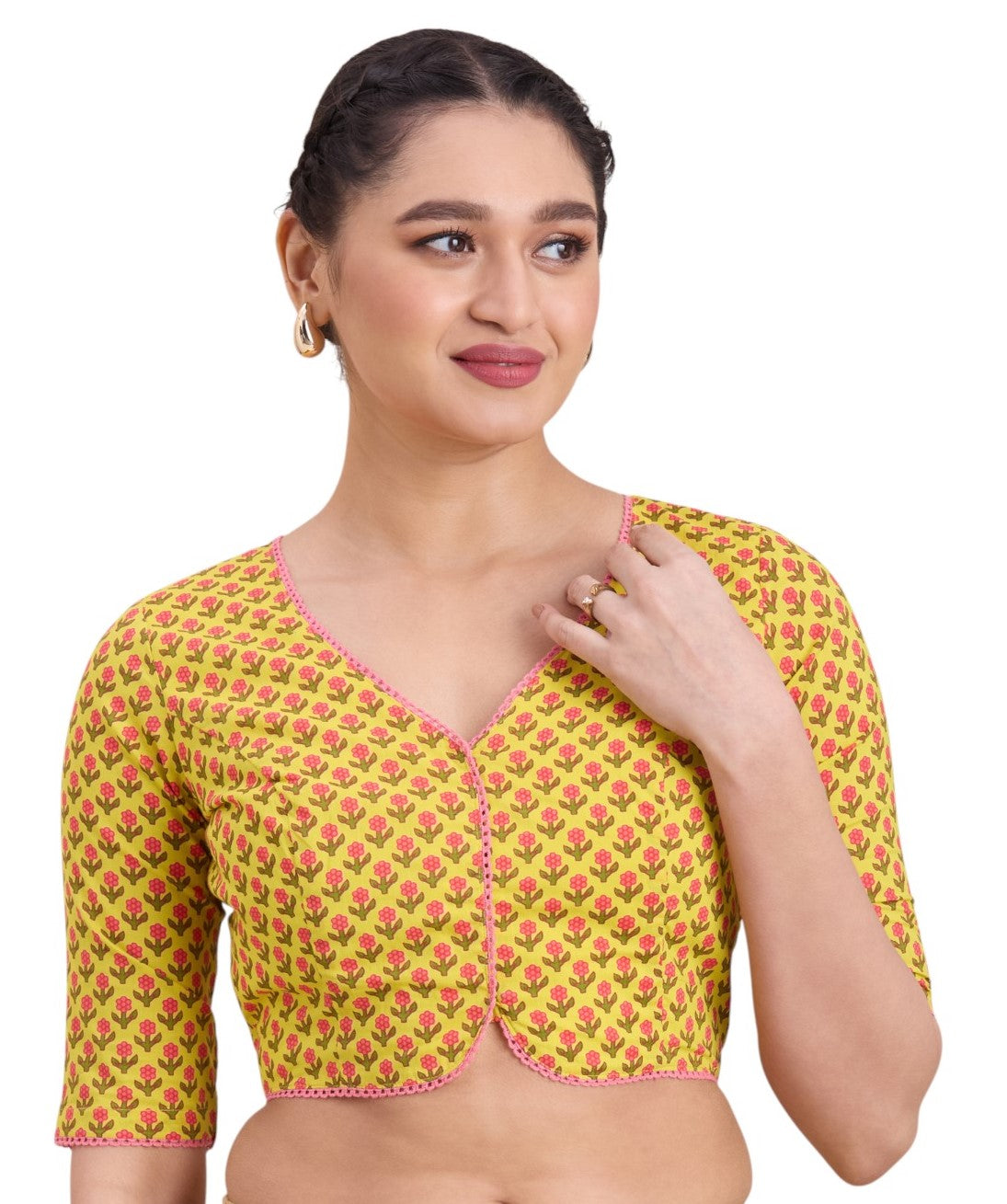 Women's Yellow Pure Cotton Block Printed Readymade Saree Blouse (Design 2922)