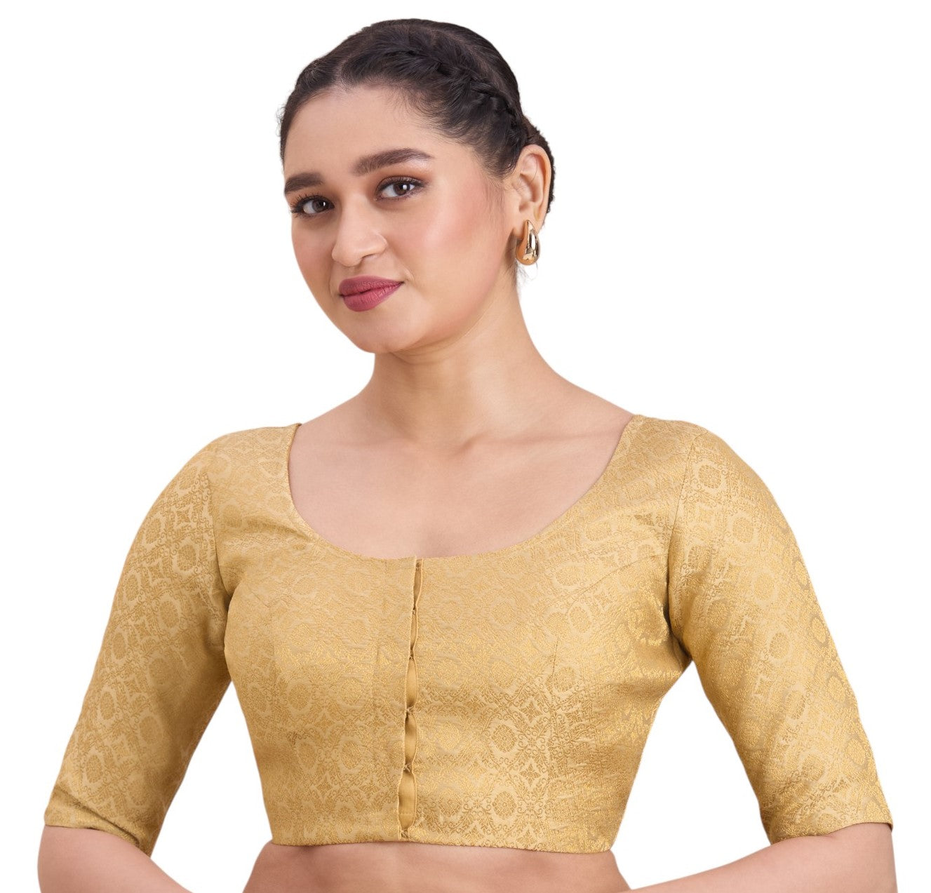 Women's Gold Benaras Brocade Round Neck Readymade Saree Blouse  (Design 2924)