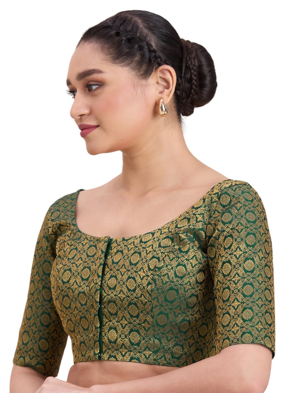 Women's Bottle Green Benaras Brocade Round Neck Readymade Saree Blouse  (Design 2924)