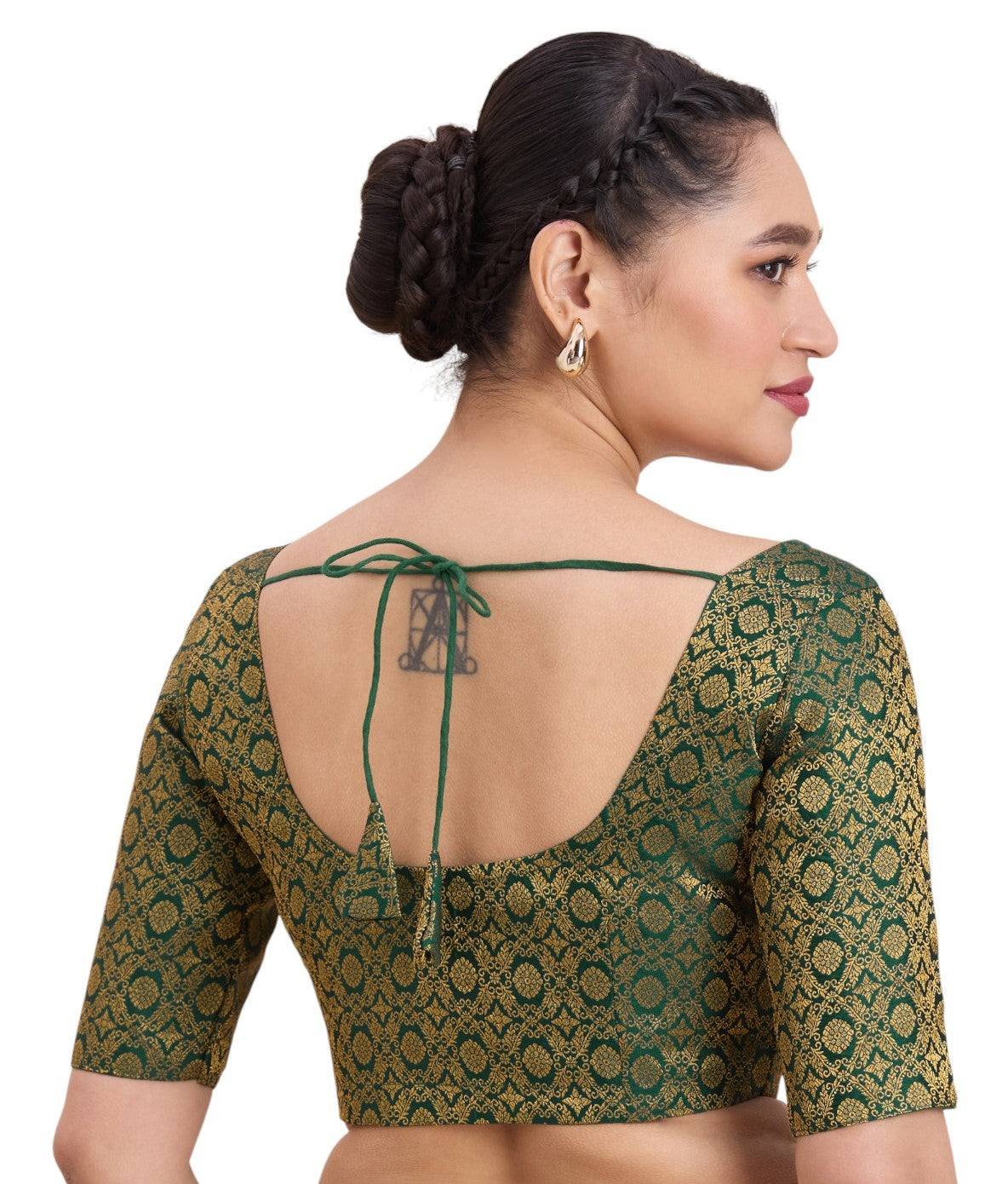 Women's Bottle Green Benaras Brocade Round Neck Readymade Saree Blouse  (Design 2924)