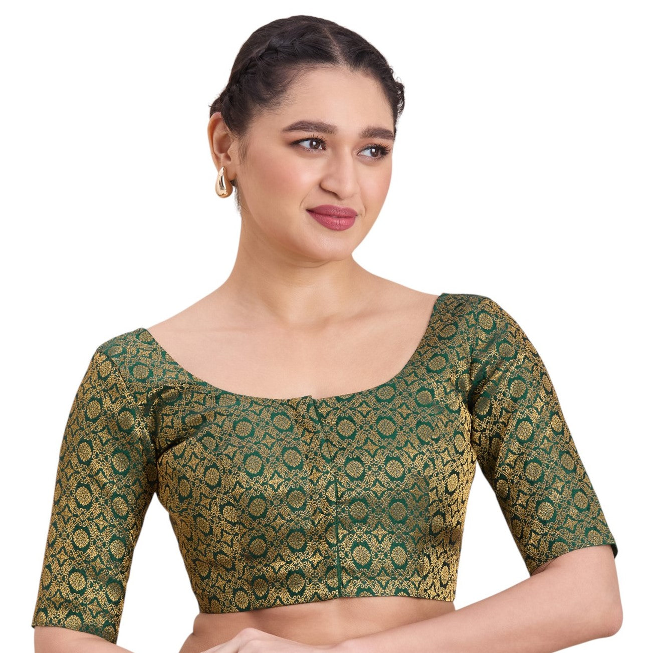 Women's Bottle Green Benaras Brocade Round Neck Readymade Saree Blouse  (Design 2924)