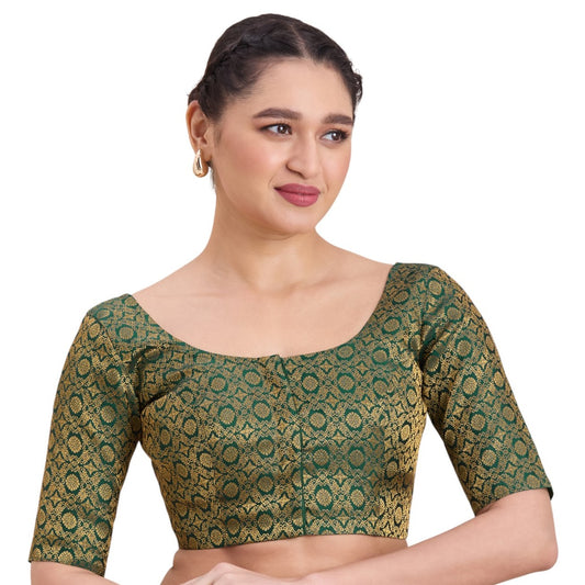 Women's Bottle Green Benaras Brocade Round Neck Readymade Saree Blouse  (Design 2924)