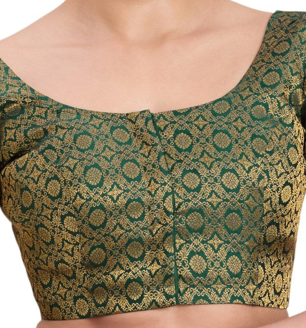 Women's Bottle Green Benaras Brocade Round Neck Readymade Saree Blouse  (Design 2924)