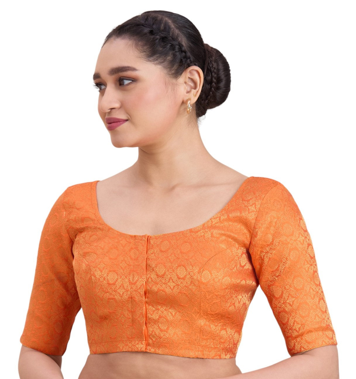 Women's Orange Benaras Brocade Round Neck Readymade Saree Blouse  (Design 2924)