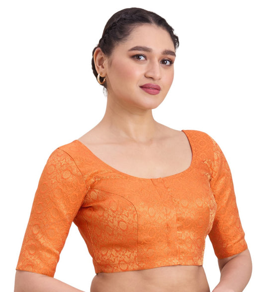 Women's Orange Benaras Brocade Round Neck Readymade Saree Blouse  (Design 2924)