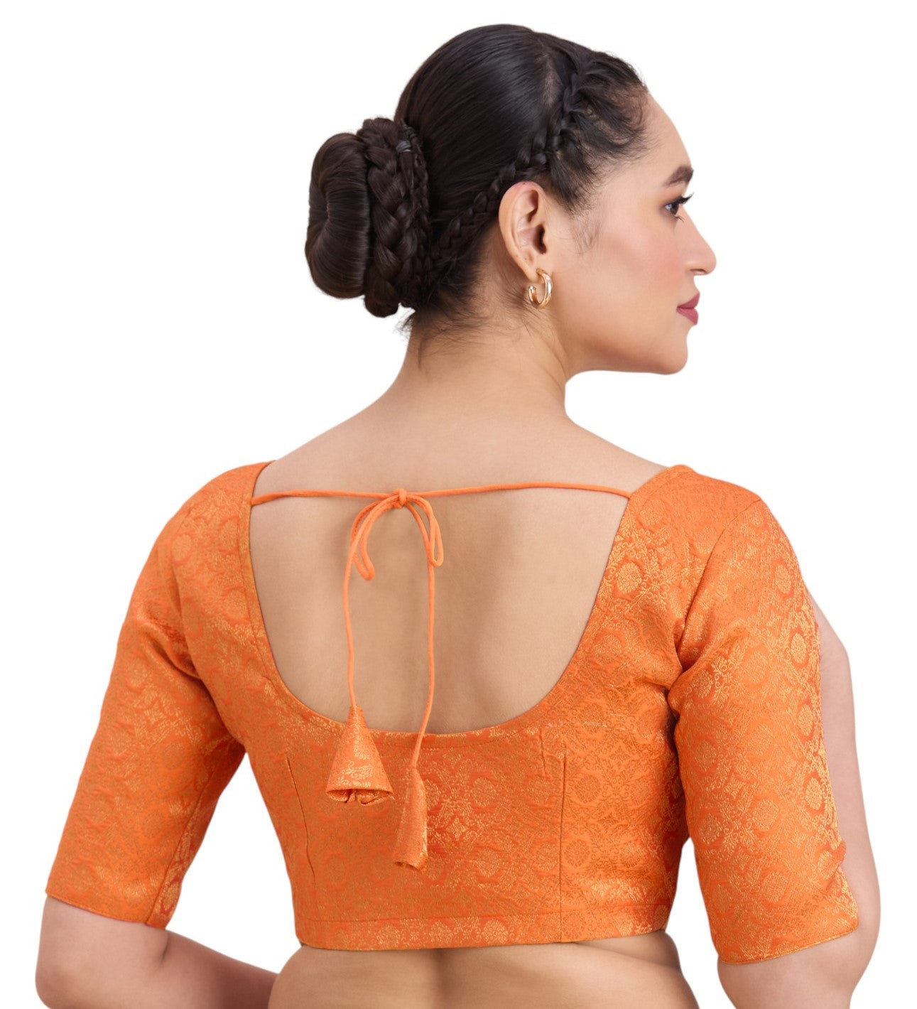 Women's Orange Benaras Brocade Round Neck Readymade Saree Blouse  (Design 2924)