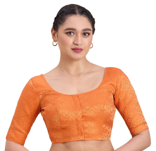 Women's Orange Benaras Brocade Round Neck Readymade Saree Blouse  (Design 2924)