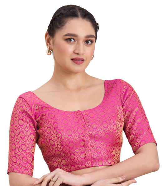 Women's Pink Benaras Brocade Round Neck Readymade Saree Blouse (Design 2924)