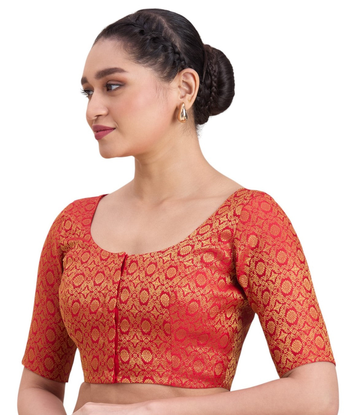Women's Red Benaras Brocade Round Neck Readymade Saree Blouse  (Design 2924)